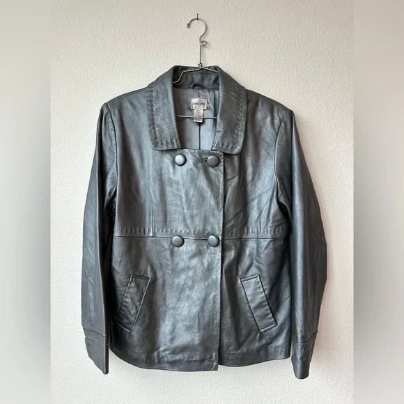 Chico’s Silver Shimmer Leather Collared Short Peacoat Jacket Coat Size 2 - Picture 1 of 9